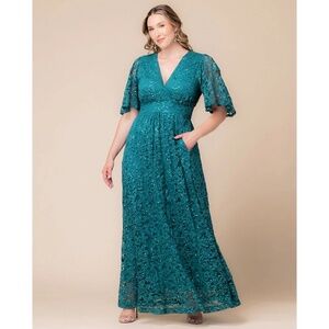 Teal lace sequined full length gown